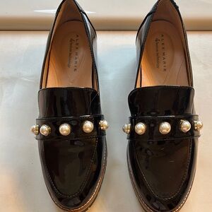 Alex Marie Glossy Black Loafers with Pearl Accents